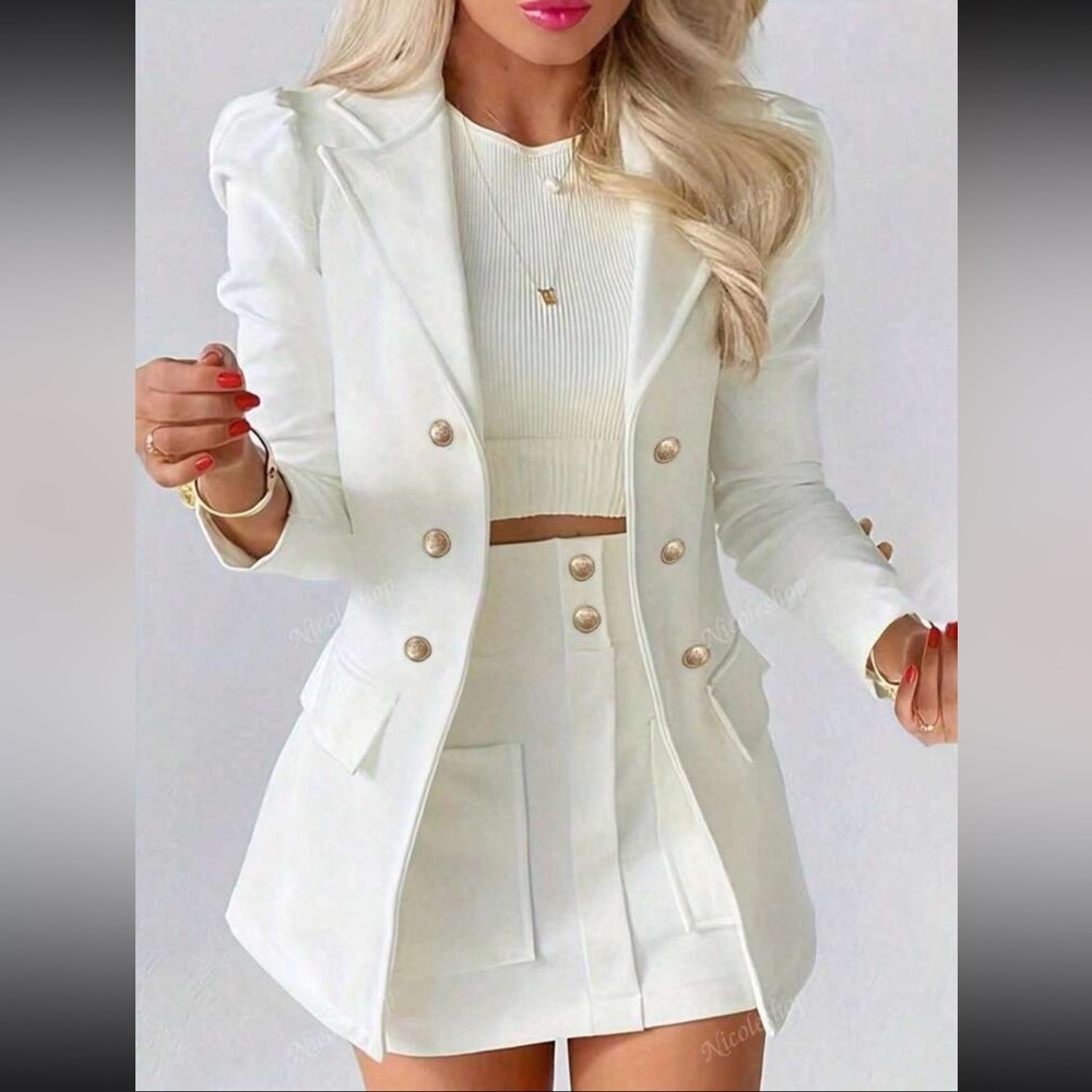 Shein Stylish White Blazer and Skirt Set